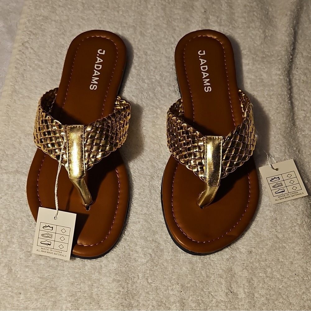 J. Adams Gold Braided Thong Slip On Flat Sandals Straps Women's Size 8